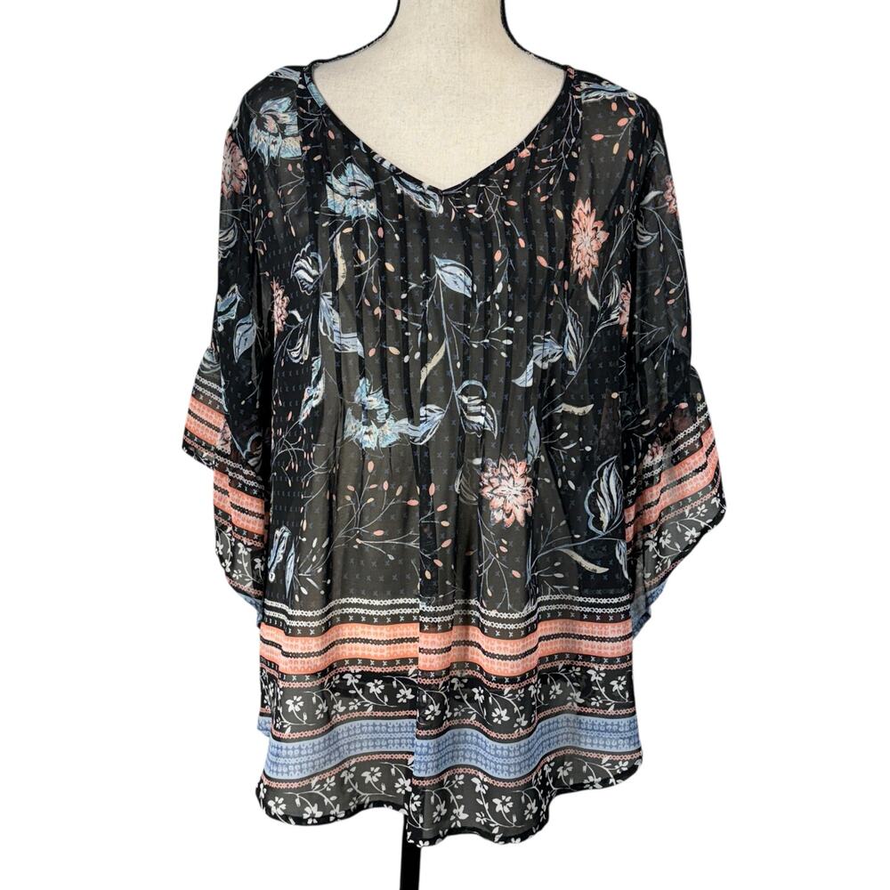 Style & Co Top Large Floral Semi-Sheer Elbow Bell Sleeves Pin-Tuck V-Neck Flowy